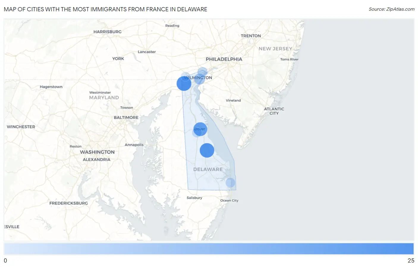 Cities with the Most Immigrants from France in Delaware Map