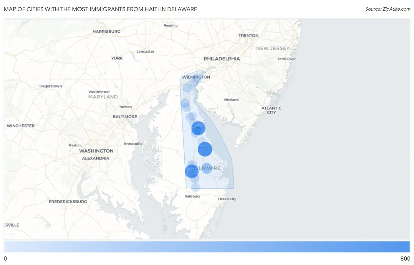 Cities with the Most Immigrants from Haiti in Delaware Map