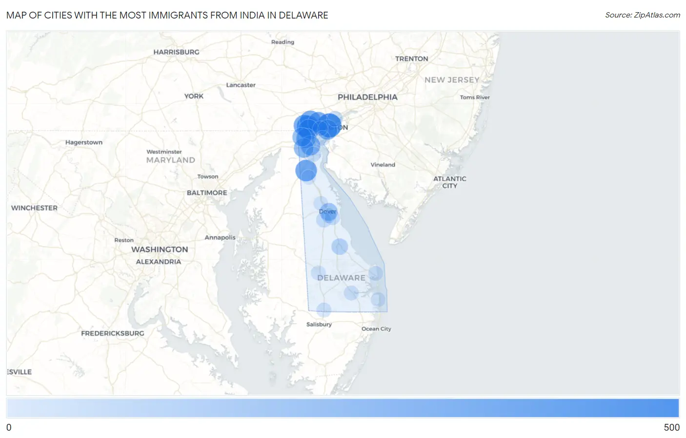 Cities with the Most Immigrants from India in Delaware Map