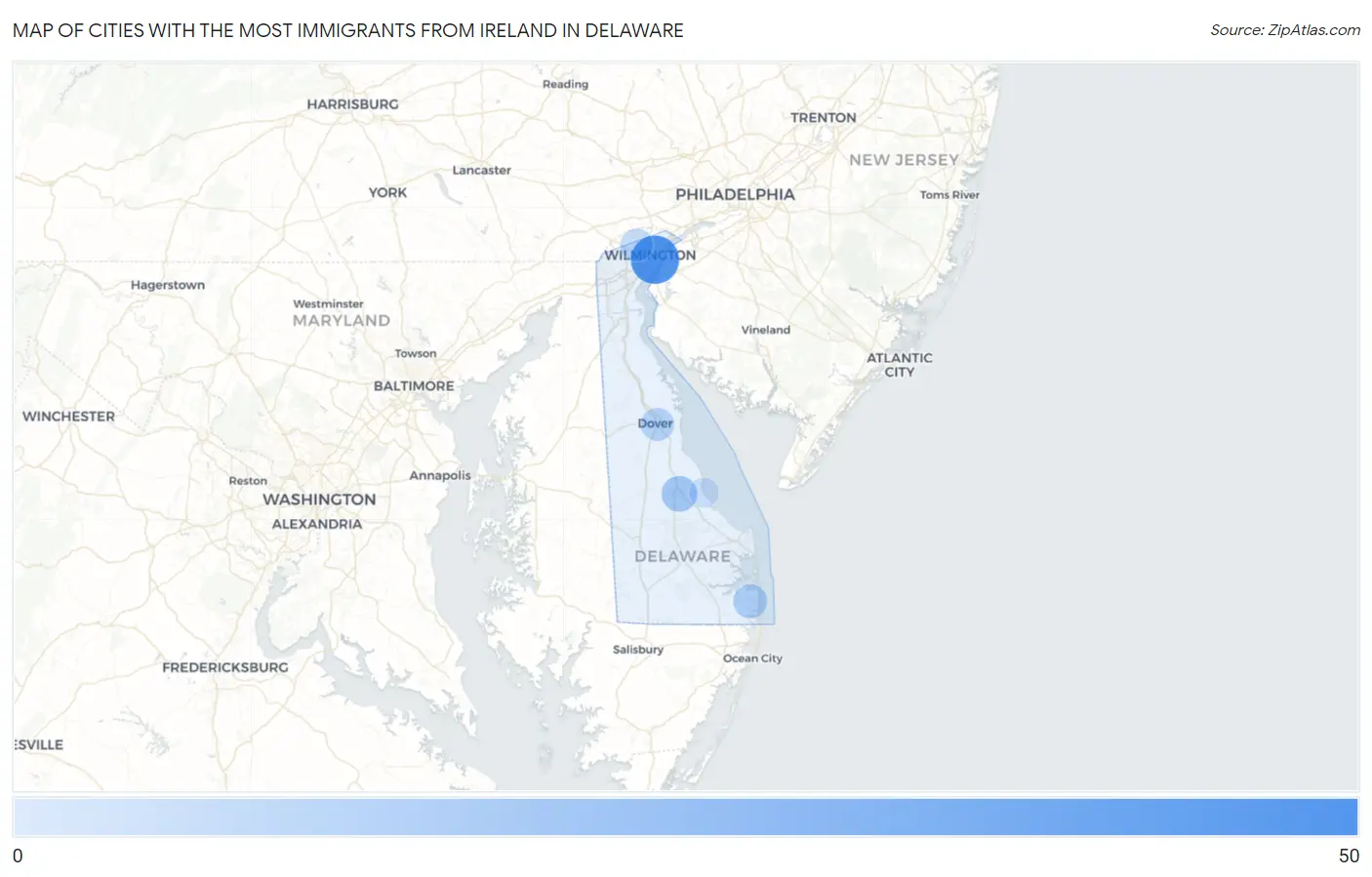 Cities with the Most Immigrants from Ireland in Delaware Map