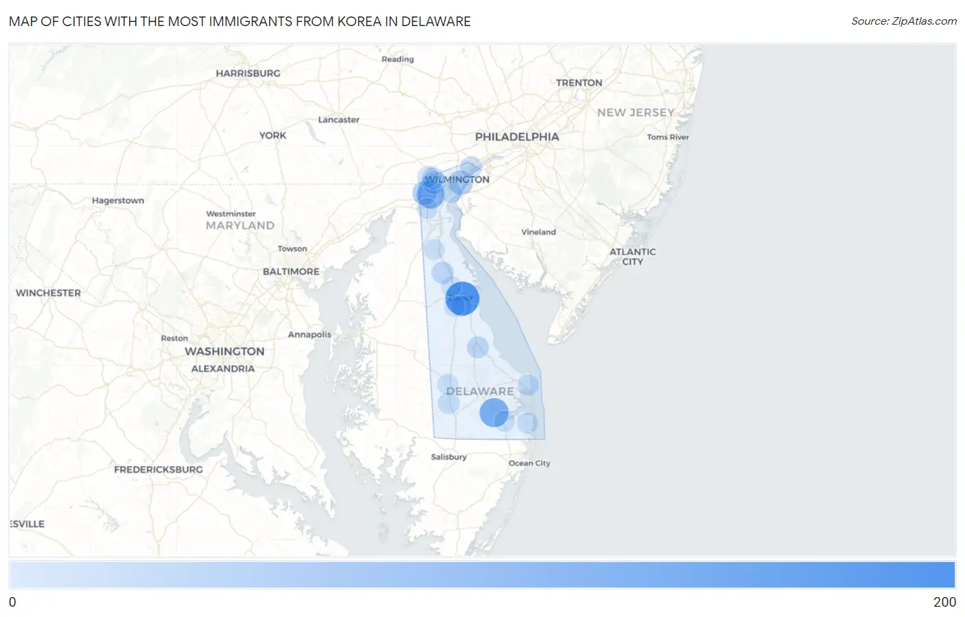 Cities with the Most Immigrants from Korea in Delaware Map