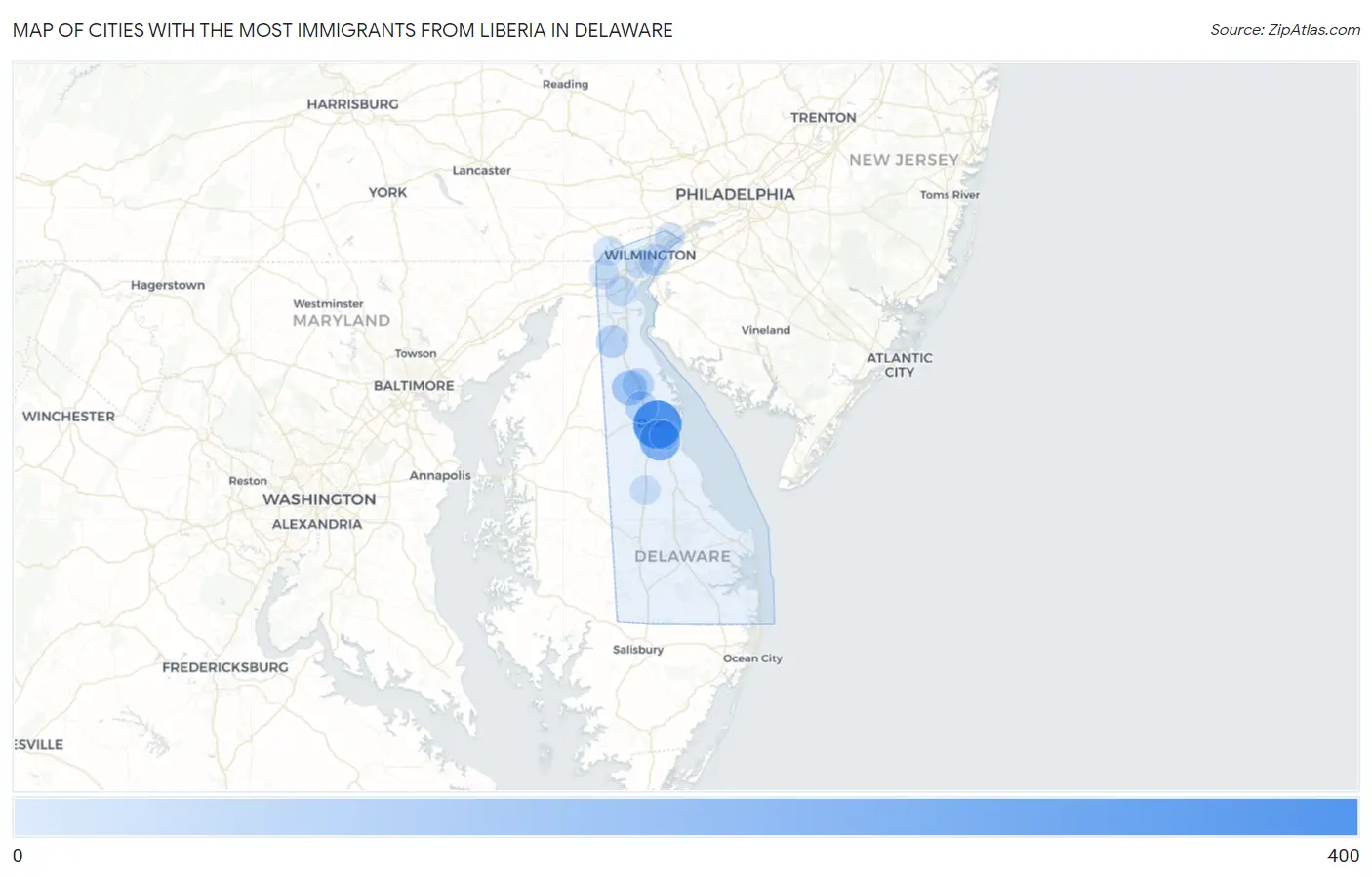 Cities with the Most Immigrants from Liberia in Delaware Map