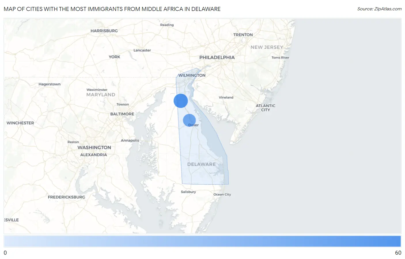 Cities with the Most Immigrants from Middle Africa in Delaware Map