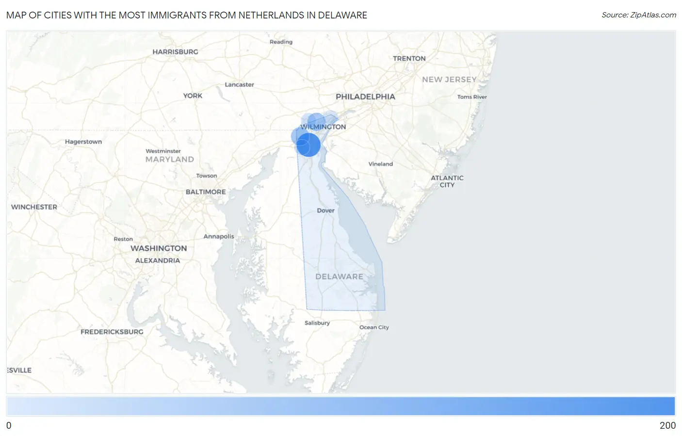 Cities with the Most Immigrants from Netherlands in Delaware Map