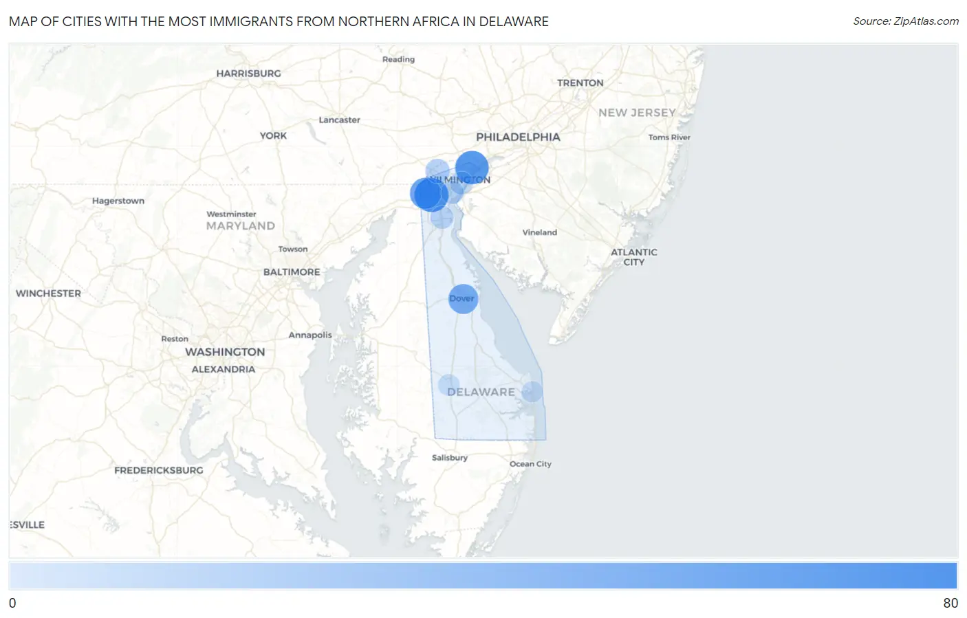 Cities with the Most Immigrants from Northern Africa in Delaware Map