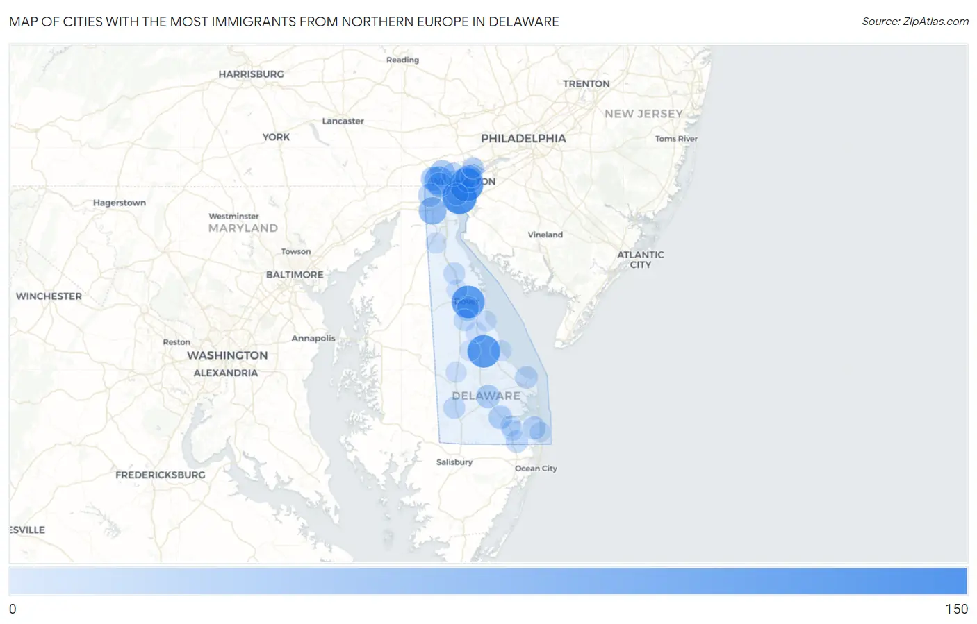 Cities with the Most Immigrants from Northern Europe in Delaware Map