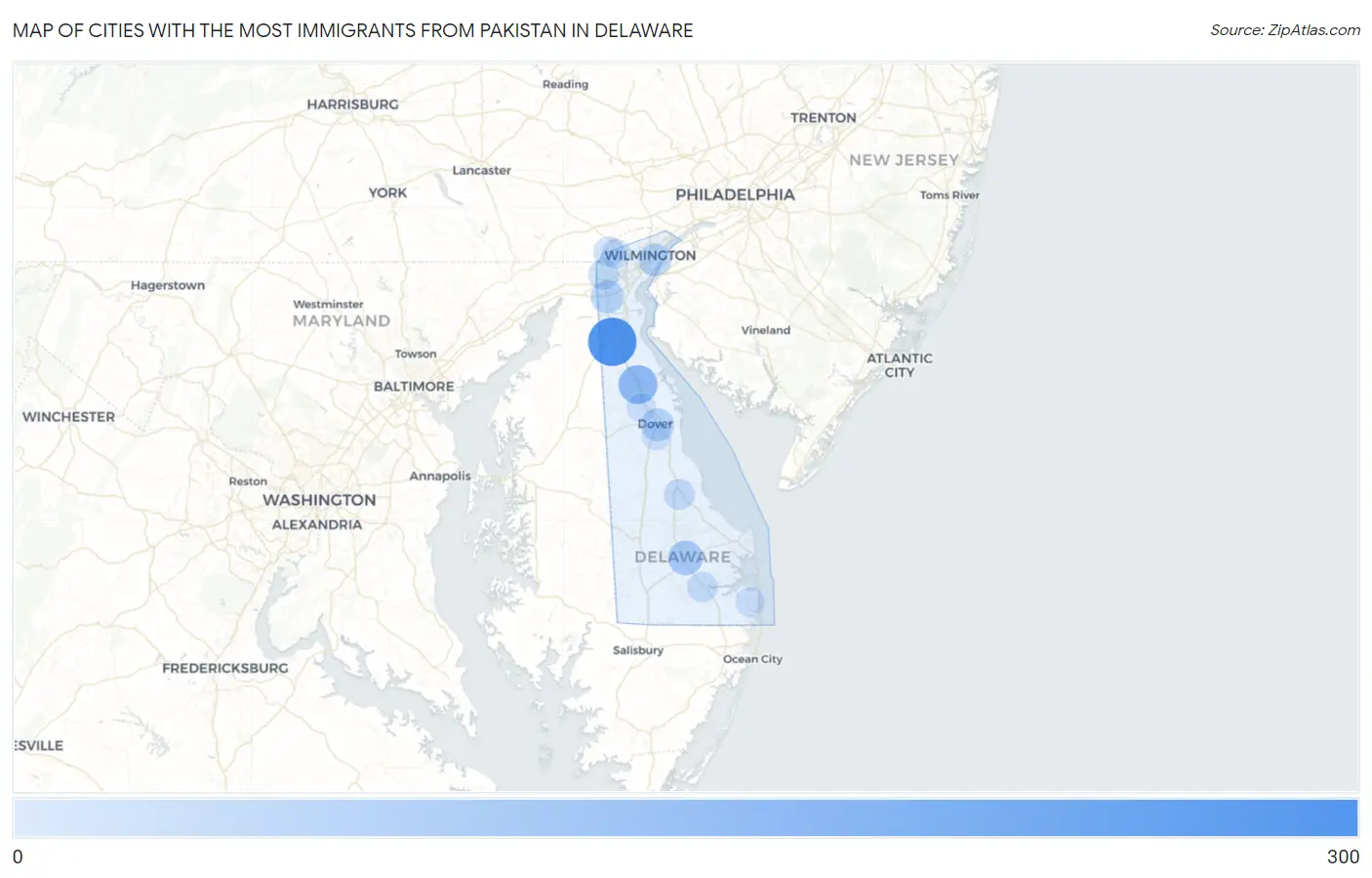 Cities with the Most Immigrants from Pakistan in Delaware Map
