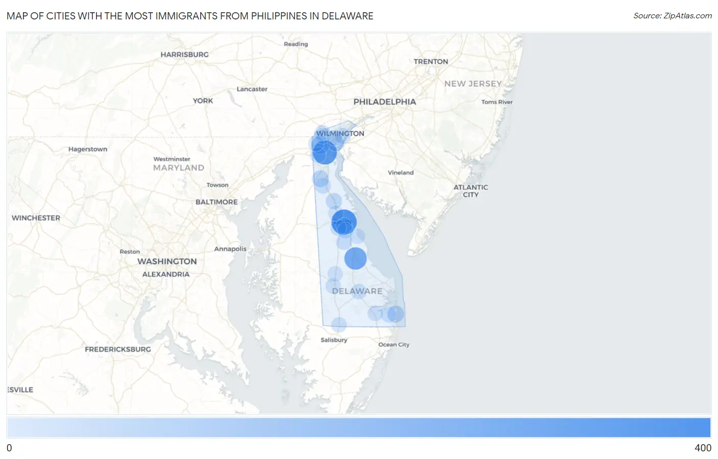 Cities with the Most Immigrants from Philippines in Delaware Map