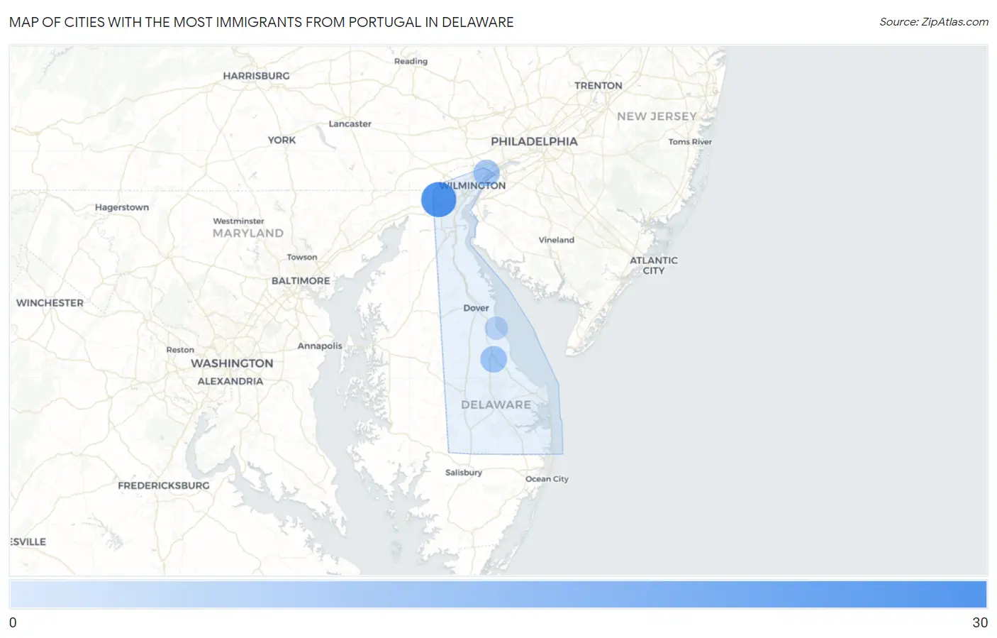 Cities with the Most Immigrants from Portugal in Delaware Map
