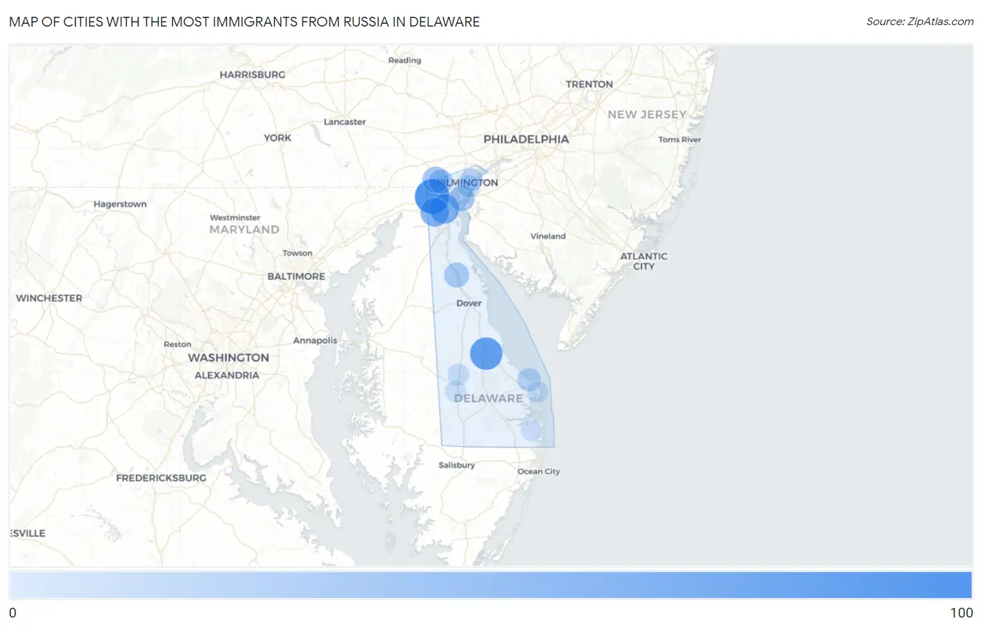 Cities with the Most Immigrants from Russia in Delaware Map