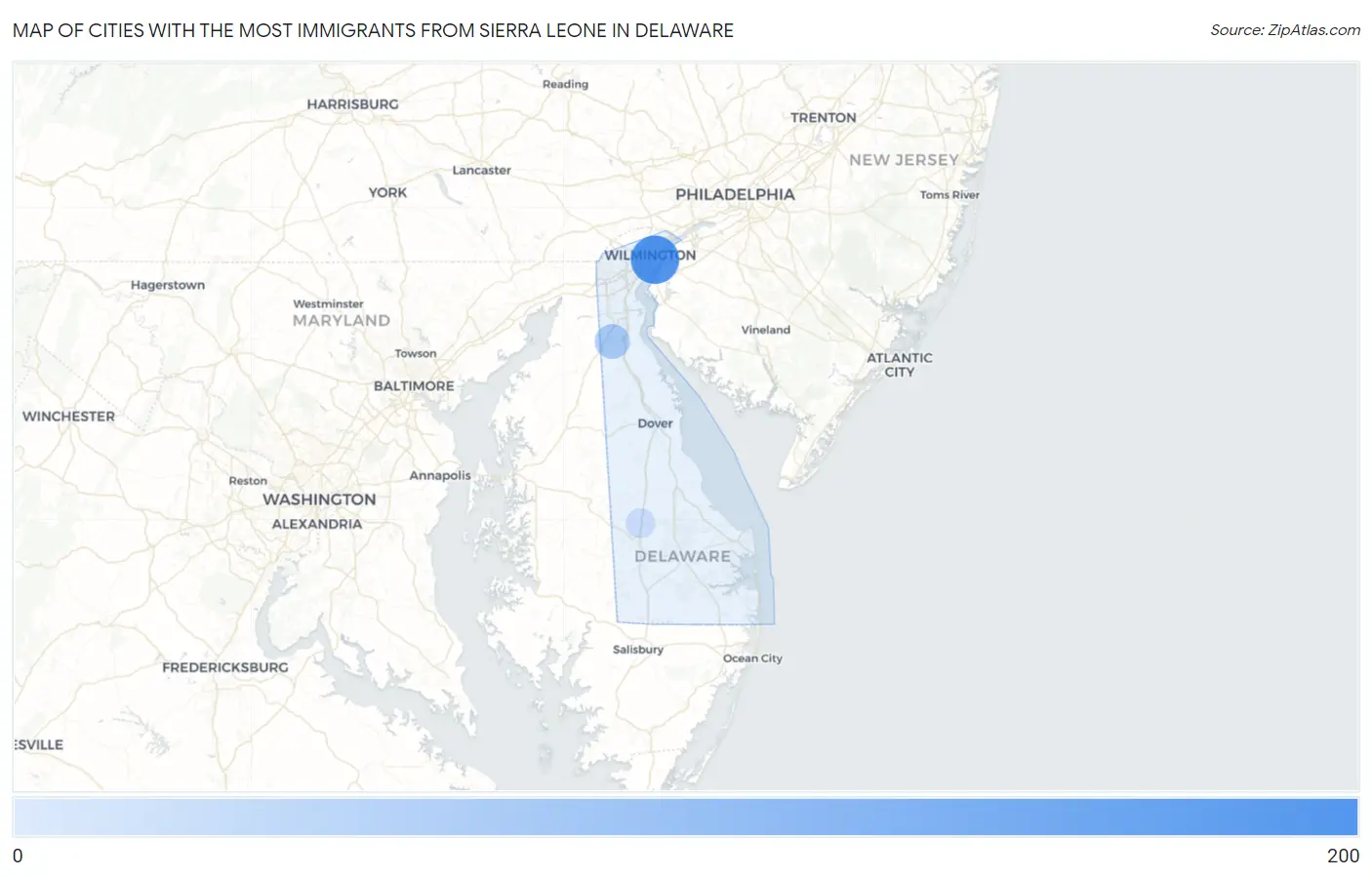 Cities with the Most Immigrants from Sierra Leone in Delaware Map