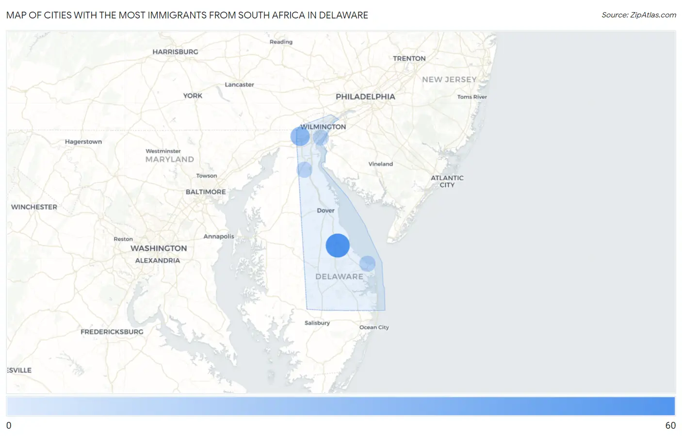 Cities with the Most Immigrants from South Africa in Delaware Map