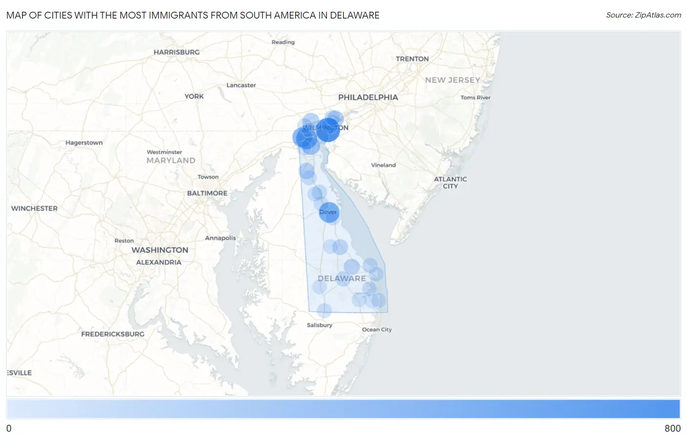 Cities with the Most Immigrants from South America in Delaware Map