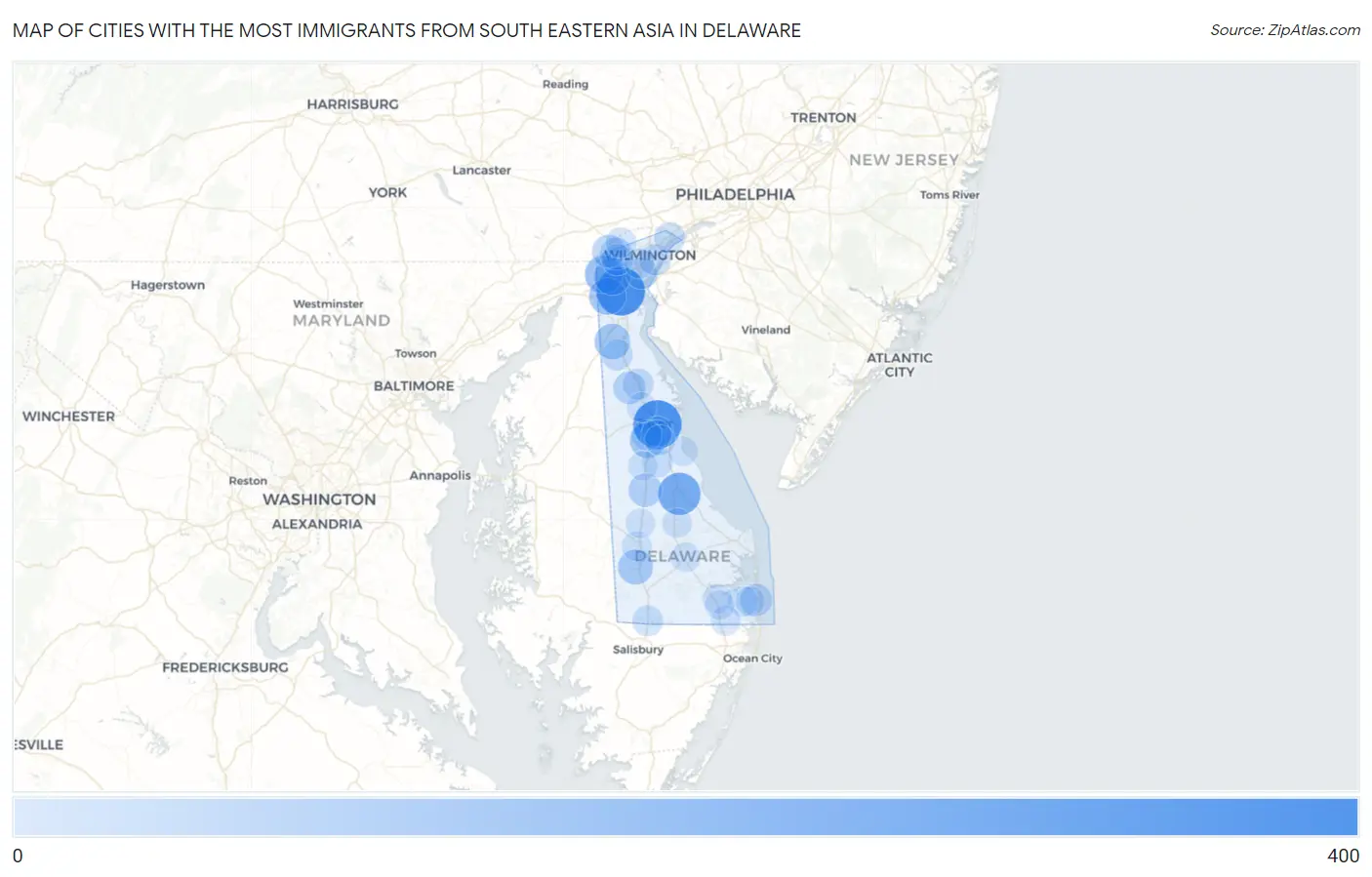 Cities with the Most Immigrants from South Eastern Asia in Delaware Map