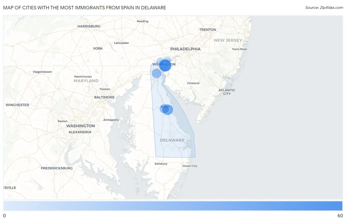 Cities with the Most Immigrants from Spain in Delaware Map
