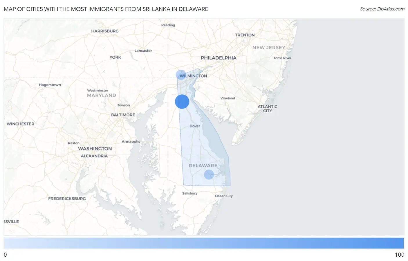Cities with the Most Immigrants from Sri Lanka in Delaware Map