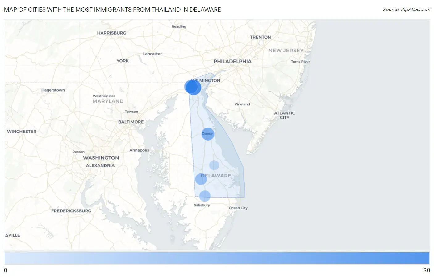 Cities with the Most Immigrants from Thailand in Delaware Map