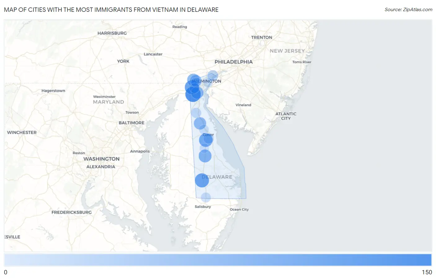 Cities with the Most Immigrants from Vietnam in Delaware Map