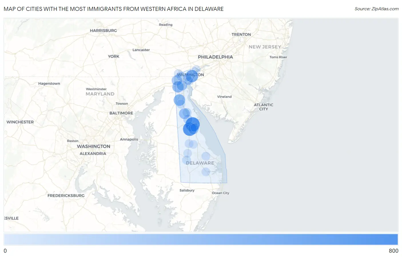 Cities with the Most Immigrants from Western Africa in Delaware Map