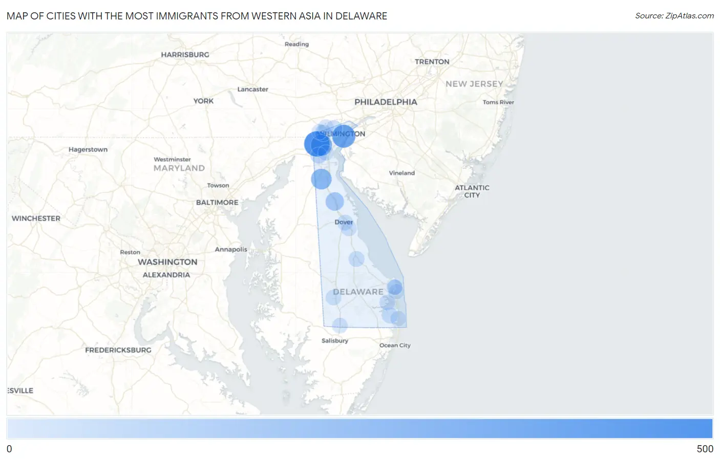 Cities with the Most Immigrants from Western Asia in Delaware Map