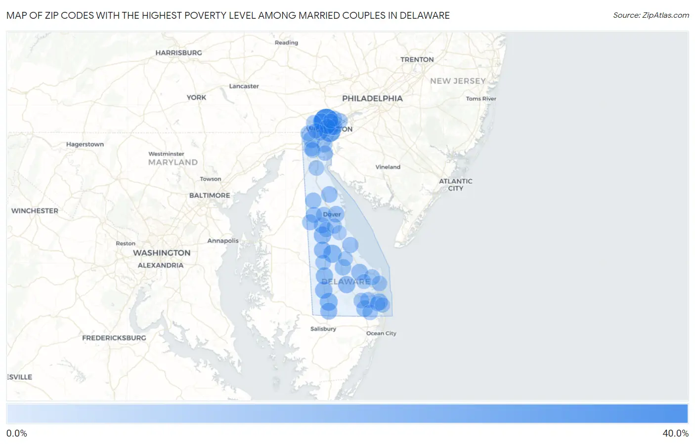 Zip Codes with the Highest Poverty Level Among Married Couples in Delaware Map