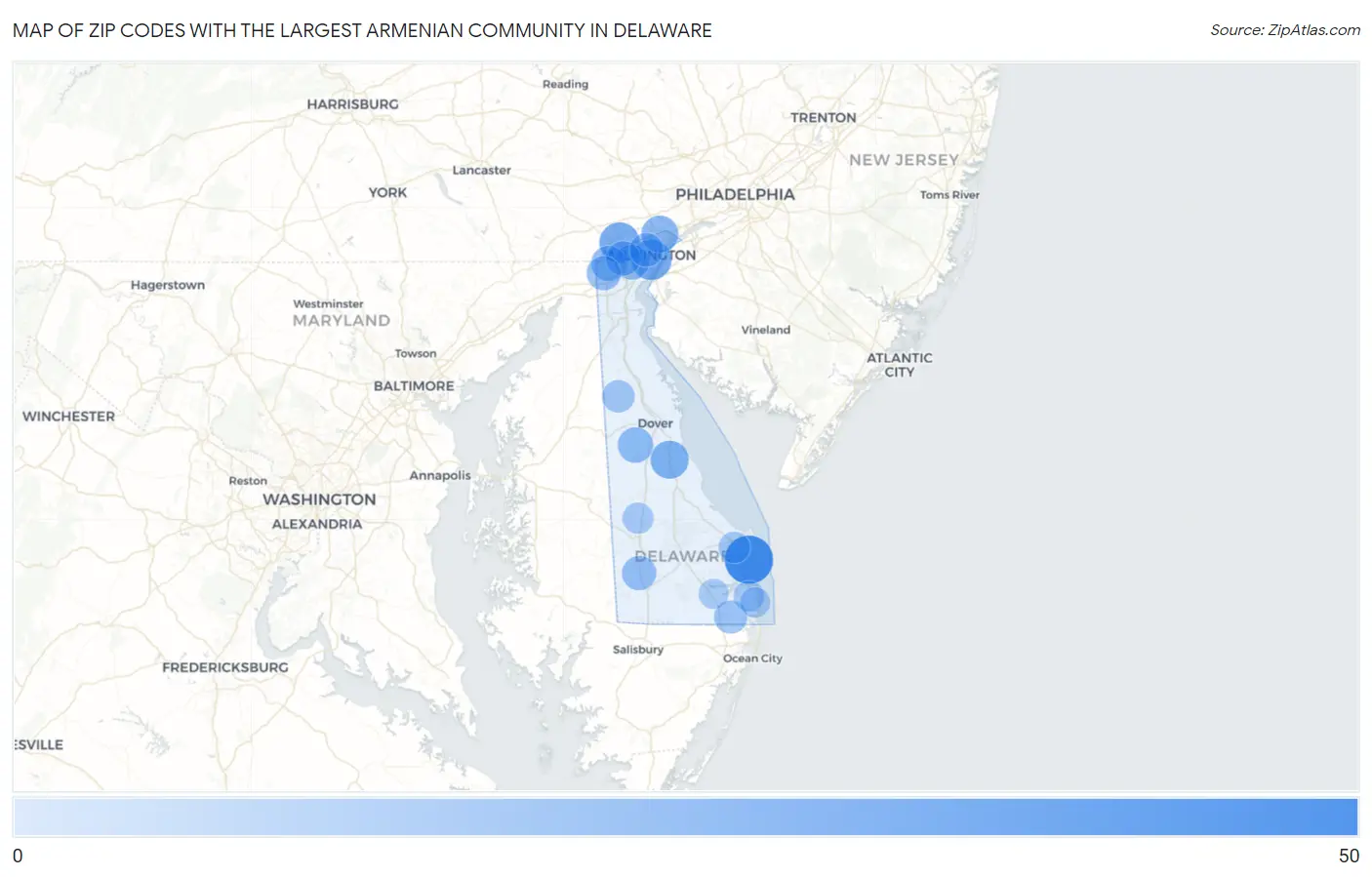 Zip Codes with the Largest Armenian Community in Delaware Map