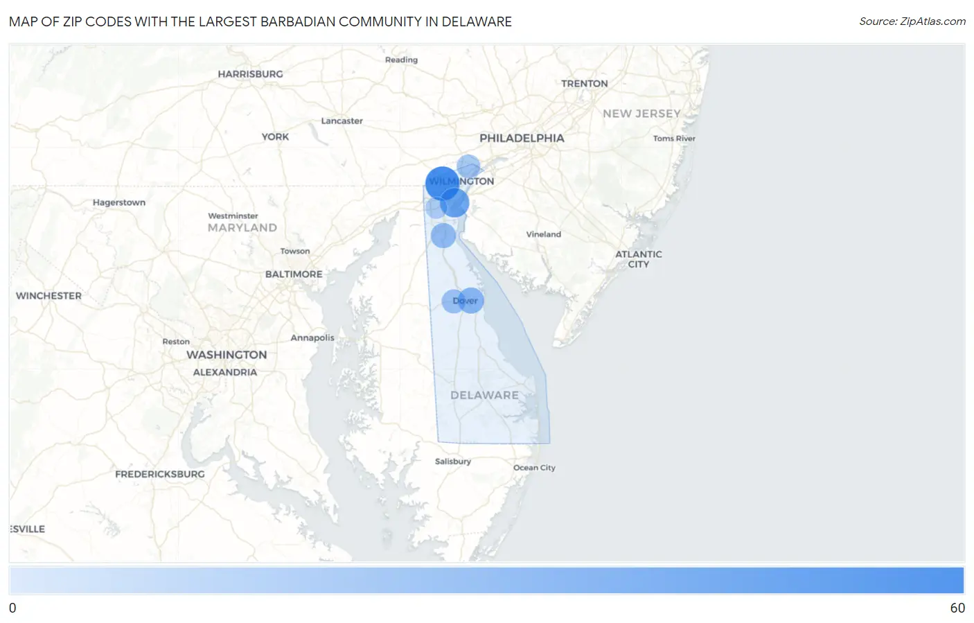 Zip Codes with the Largest Barbadian Community in Delaware Map