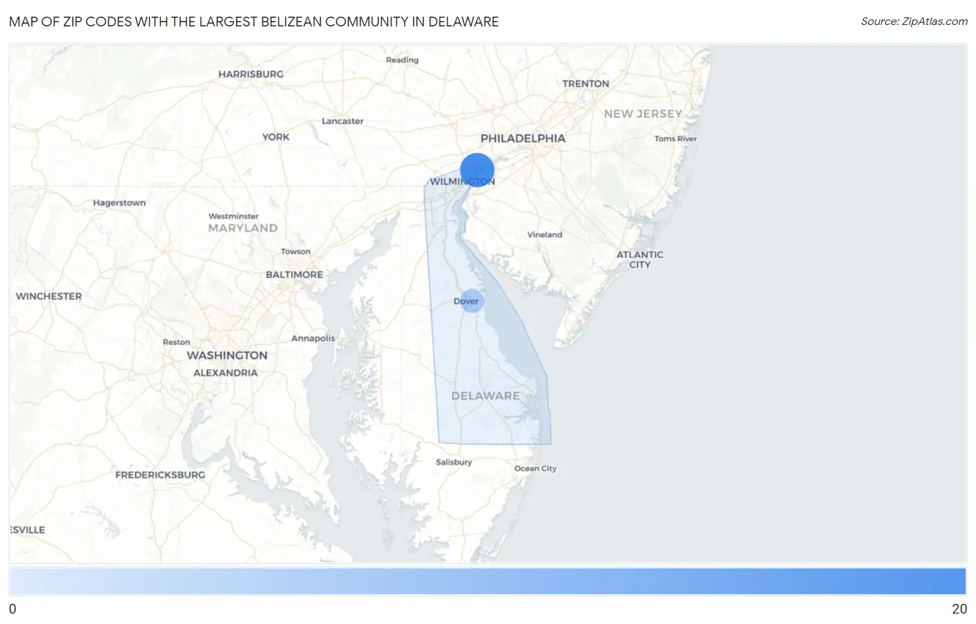Zip Codes with the Largest Belizean Community in Delaware Map