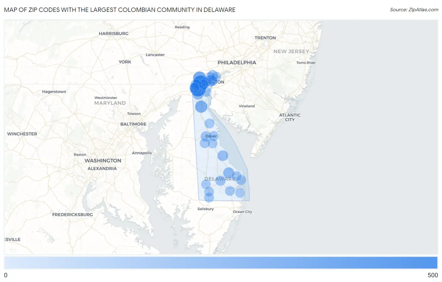 Zip Codes with the Largest Colombian Community in Delaware Map