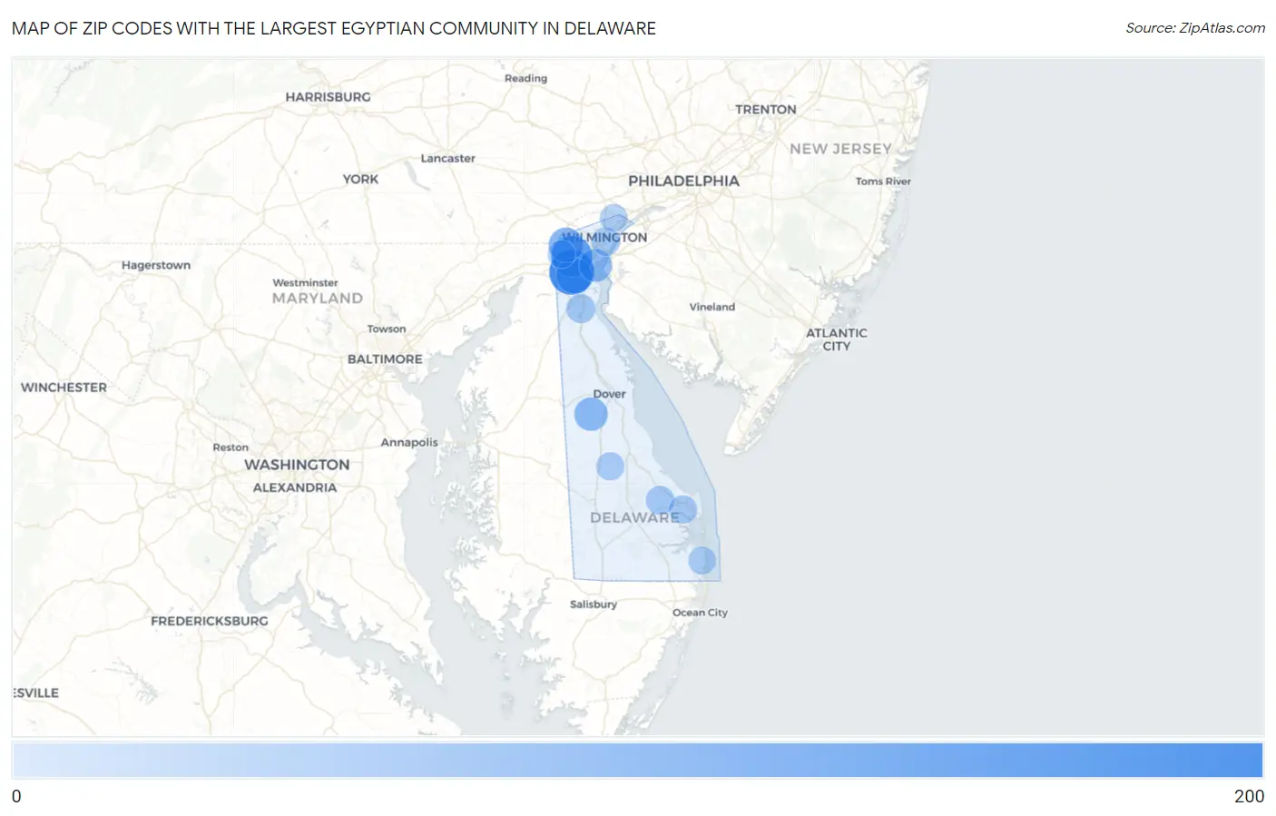 Zip Codes with the Largest Egyptian Community in Delaware Map