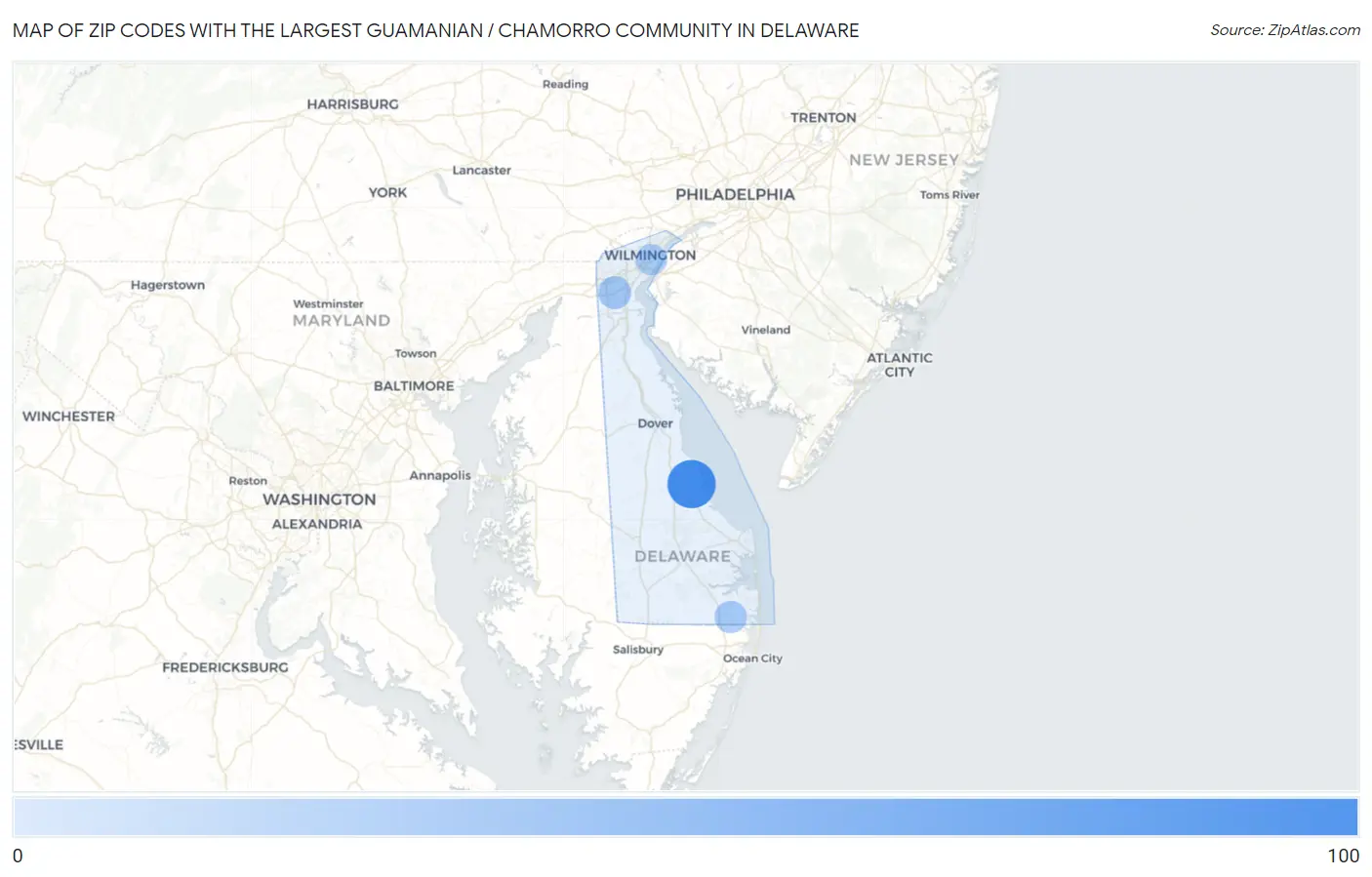 Zip Codes with the Largest Guamanian / Chamorro Community in Delaware Map