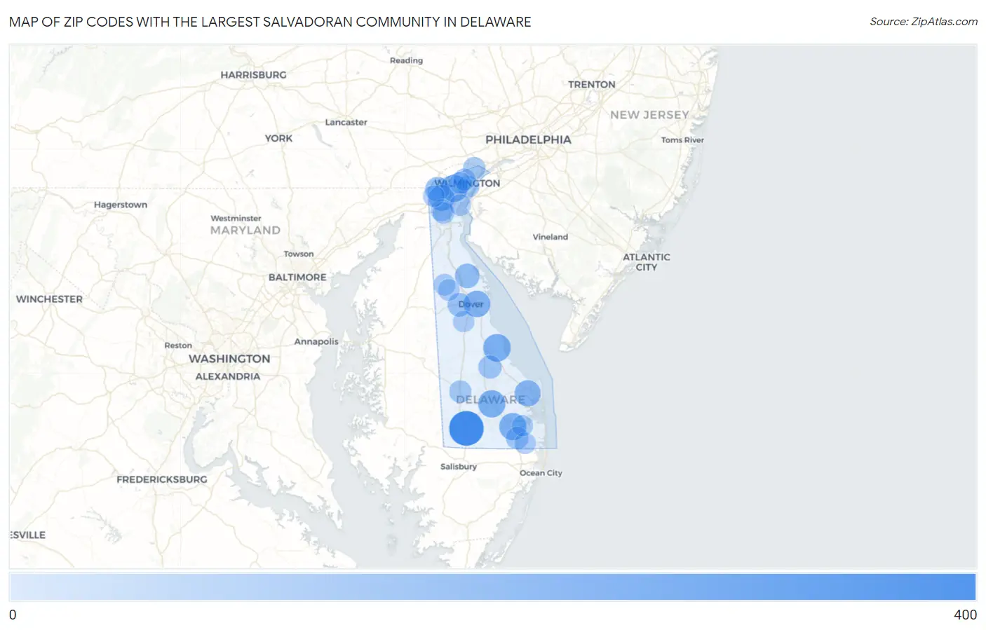 Zip Codes with the Largest Salvadoran Community in Delaware Map