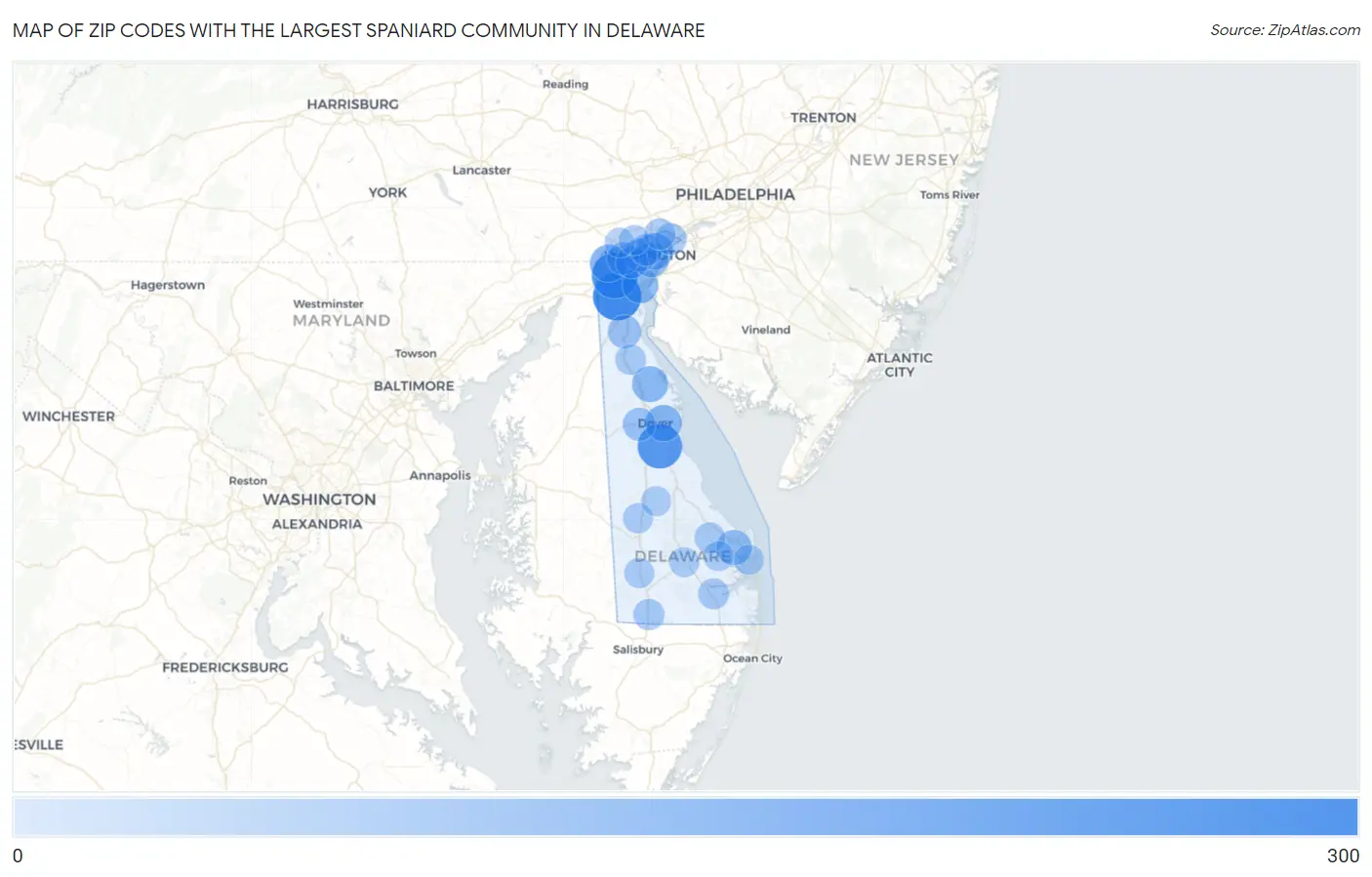 Zip Codes with the Largest Spaniard Community in Delaware Map