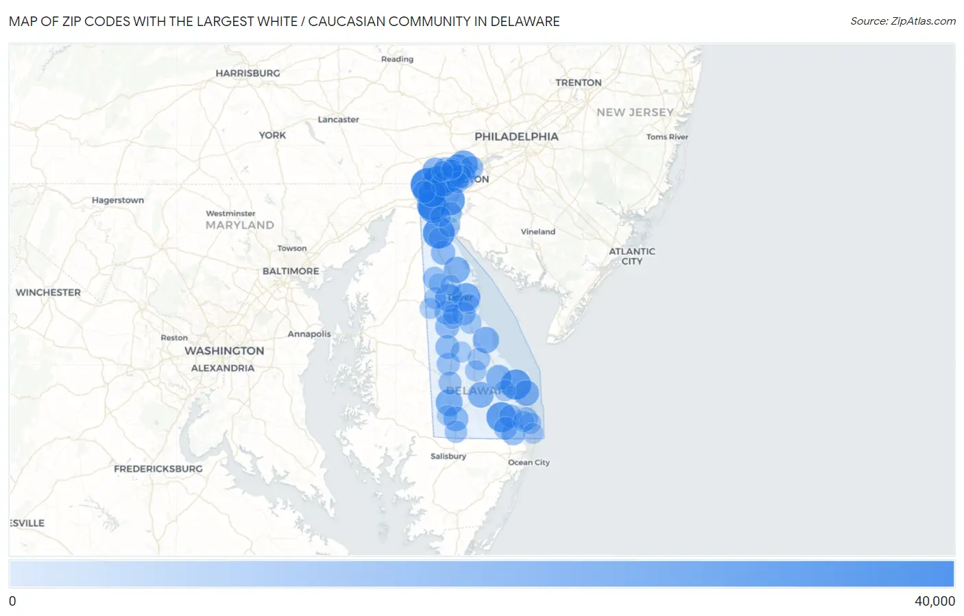 Zip Codes with the Largest White / Caucasian Community in Delaware Map