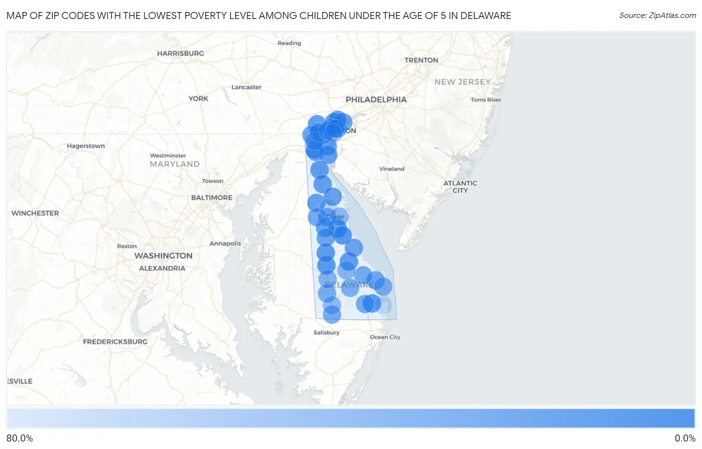 Zip Codes with the Lowest Poverty Level Among Children Under the Age of 5 in Delaware Map