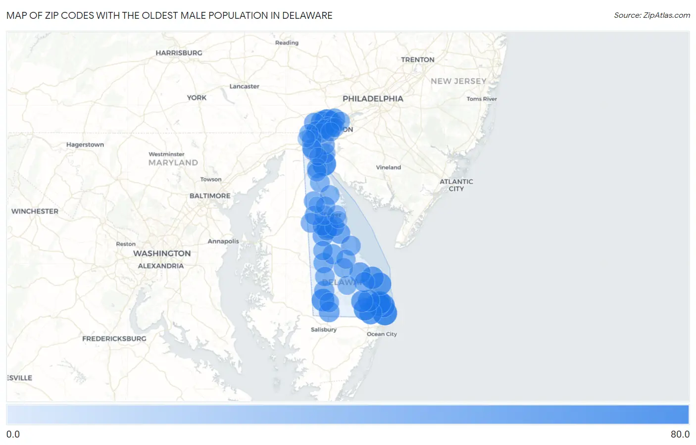 Zip Codes with the Oldest Male Population in Delaware Map