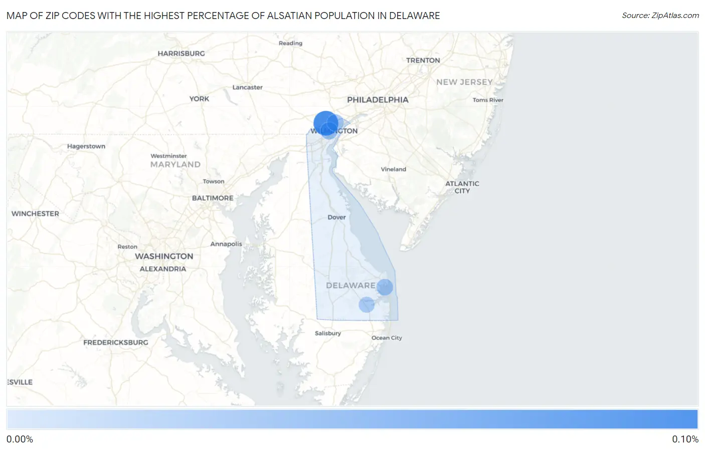 Zip Codes with the Highest Percentage of Alsatian Population in Delaware Map