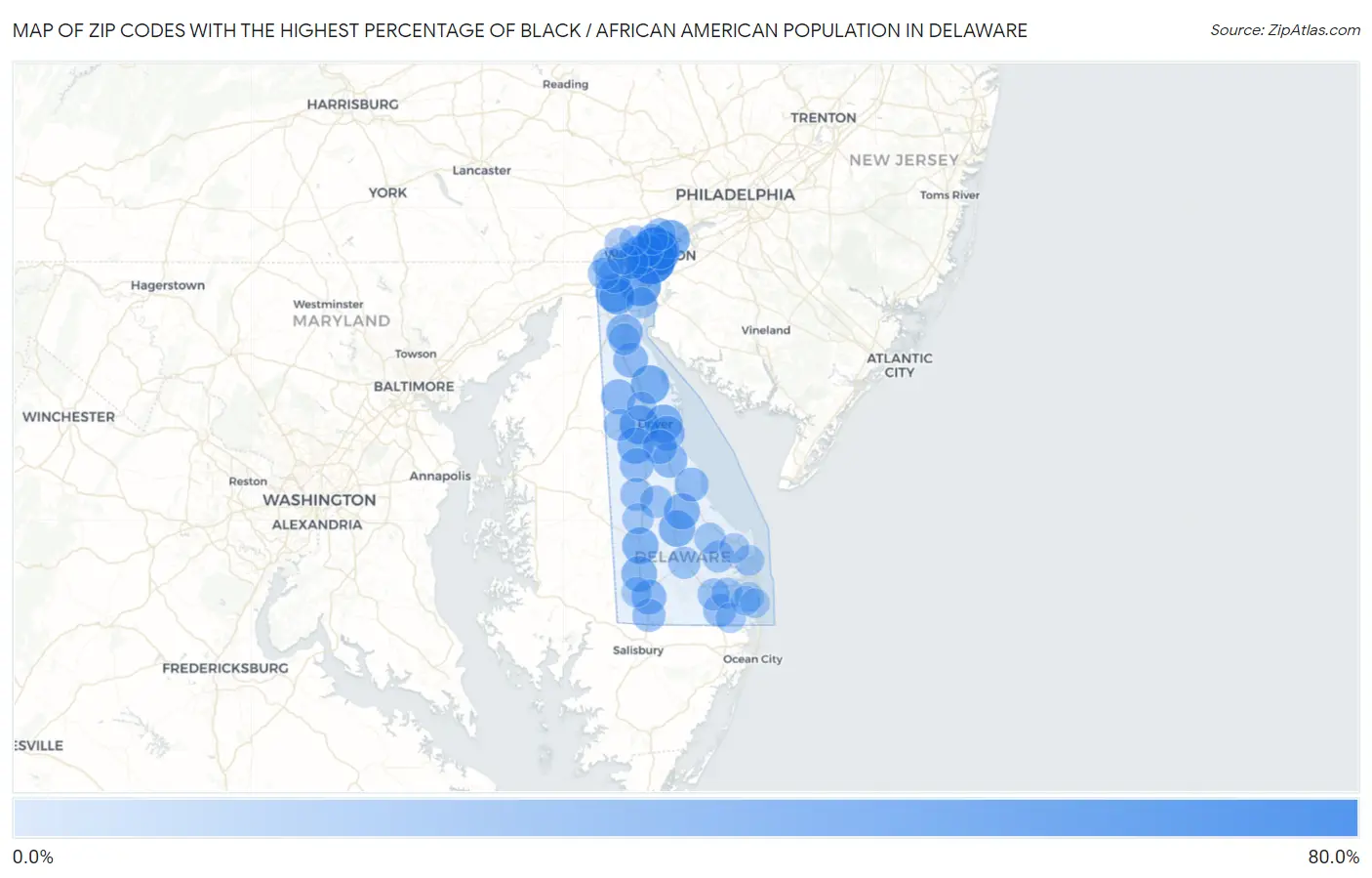 Zip Codes with the Highest Percentage of Black / African American Population in Delaware Map