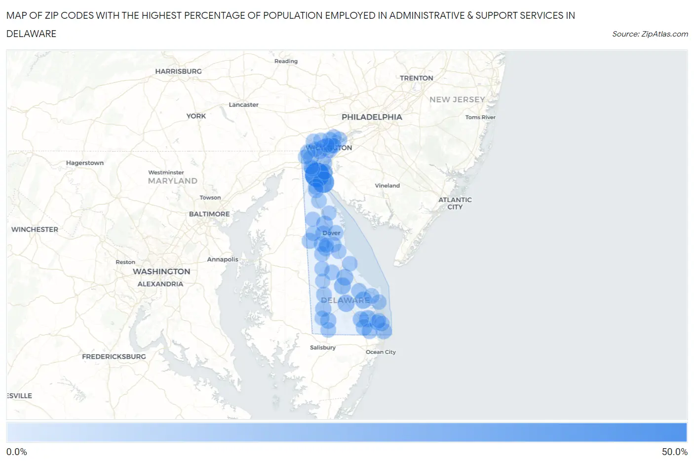 Zip Codes with the Highest Percentage of Population Employed in Administrative & Support Services in Delaware Map