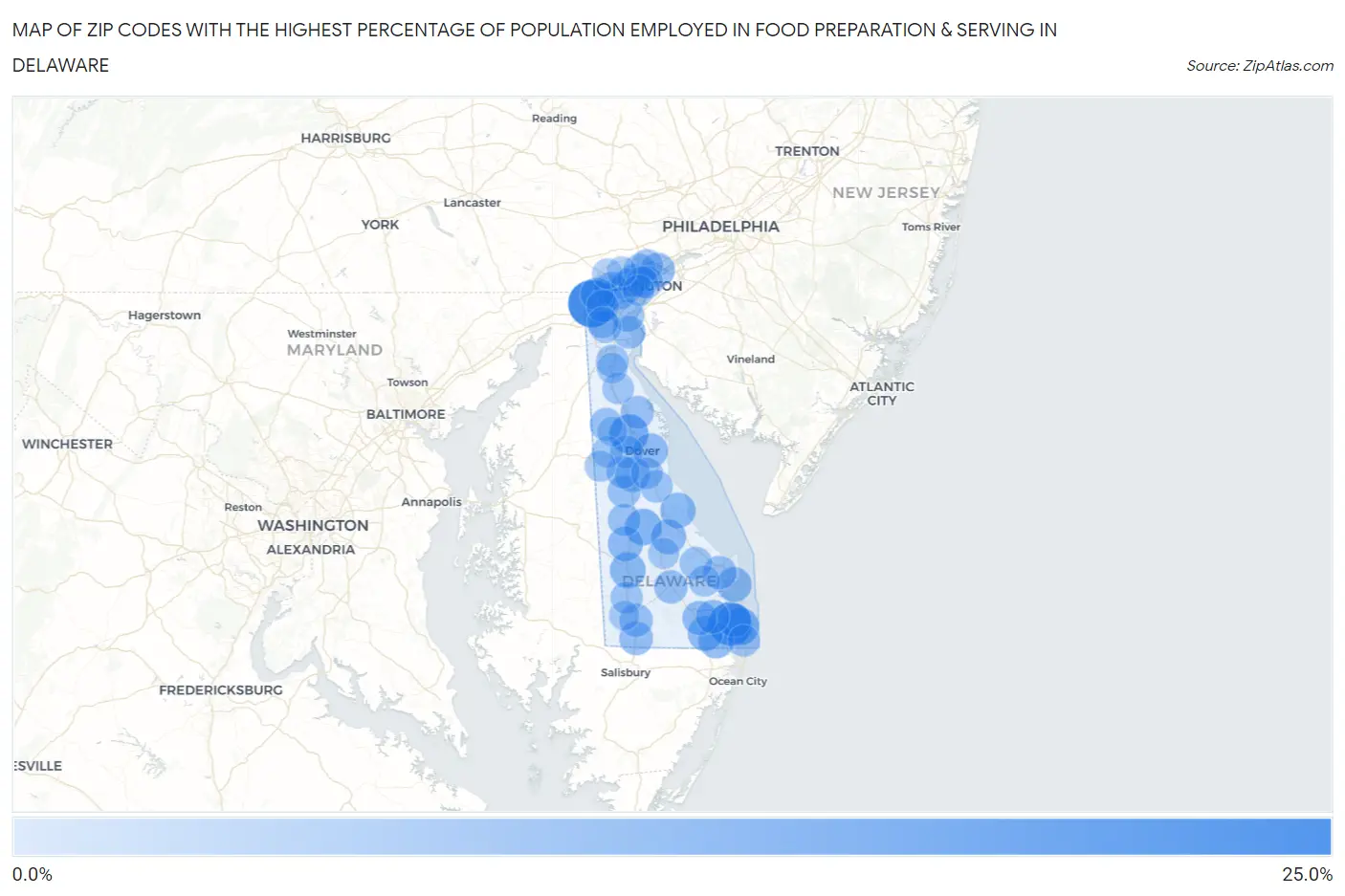 Zip Codes with the Highest Percentage of Population Employed in Food Preparation & Serving in Delaware Map