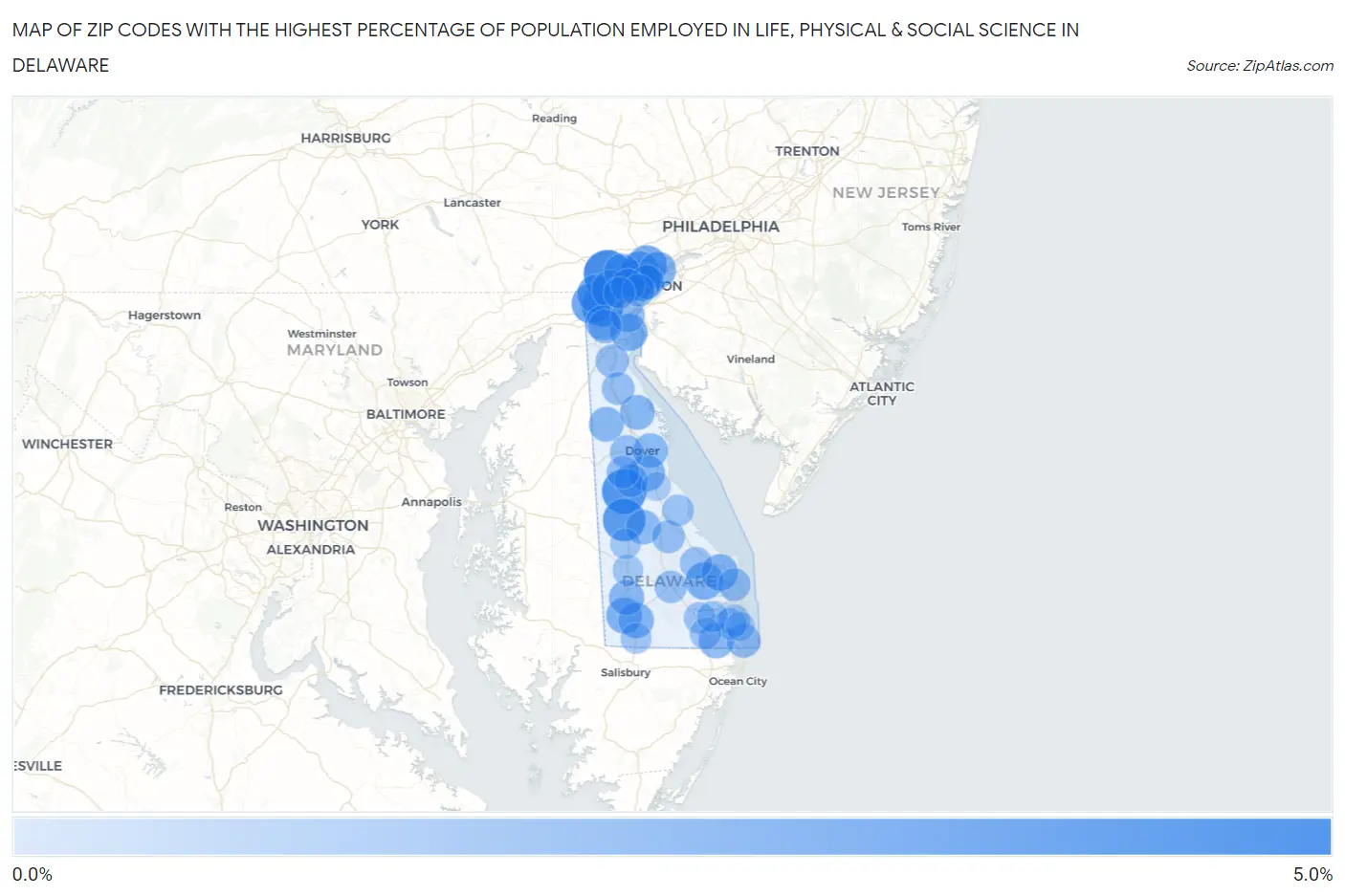Zip Codes with the Highest Percentage of Population Employed in Life, Physical & Social Science in Delaware Map