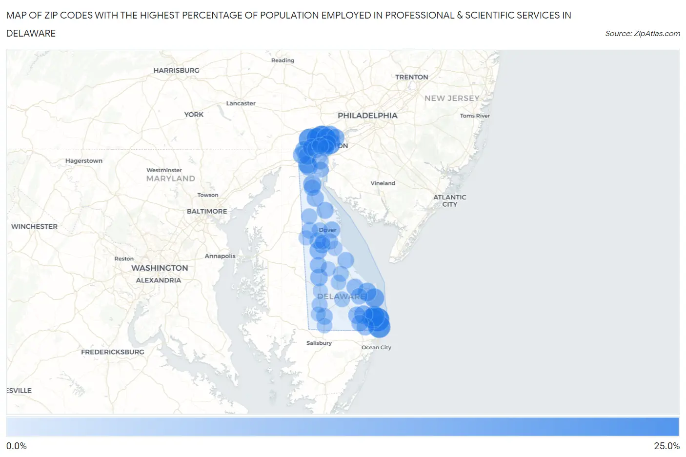 Zip Codes with the Highest Percentage of Population Employed in Professional & Scientific Services in Delaware Map