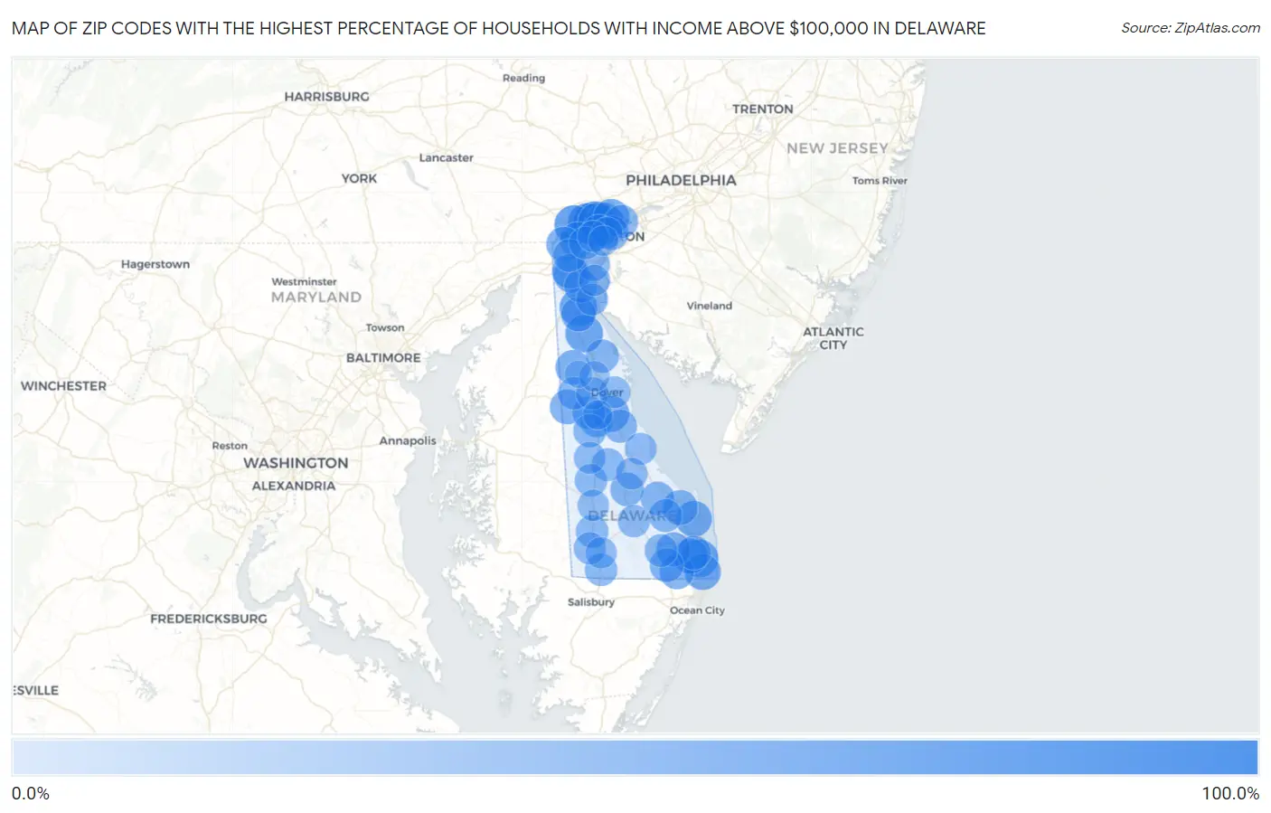 Zip Codes with the Highest Percentage of Households with Income Above $100,000 in Delaware Map