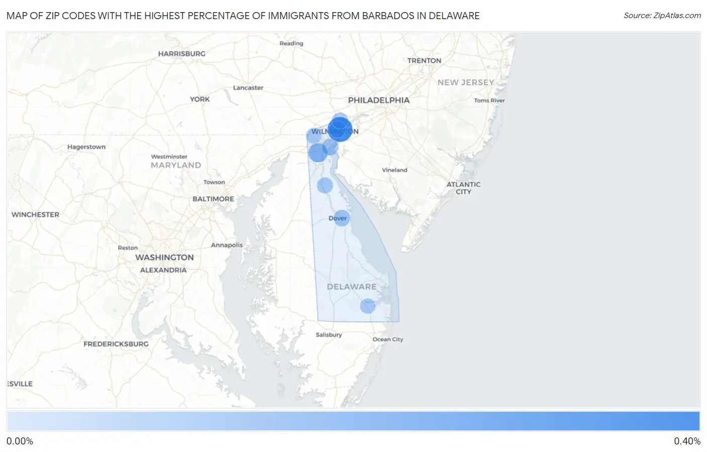 Zip Codes with the Highest Percentage of Immigrants from Barbados in Delaware Map