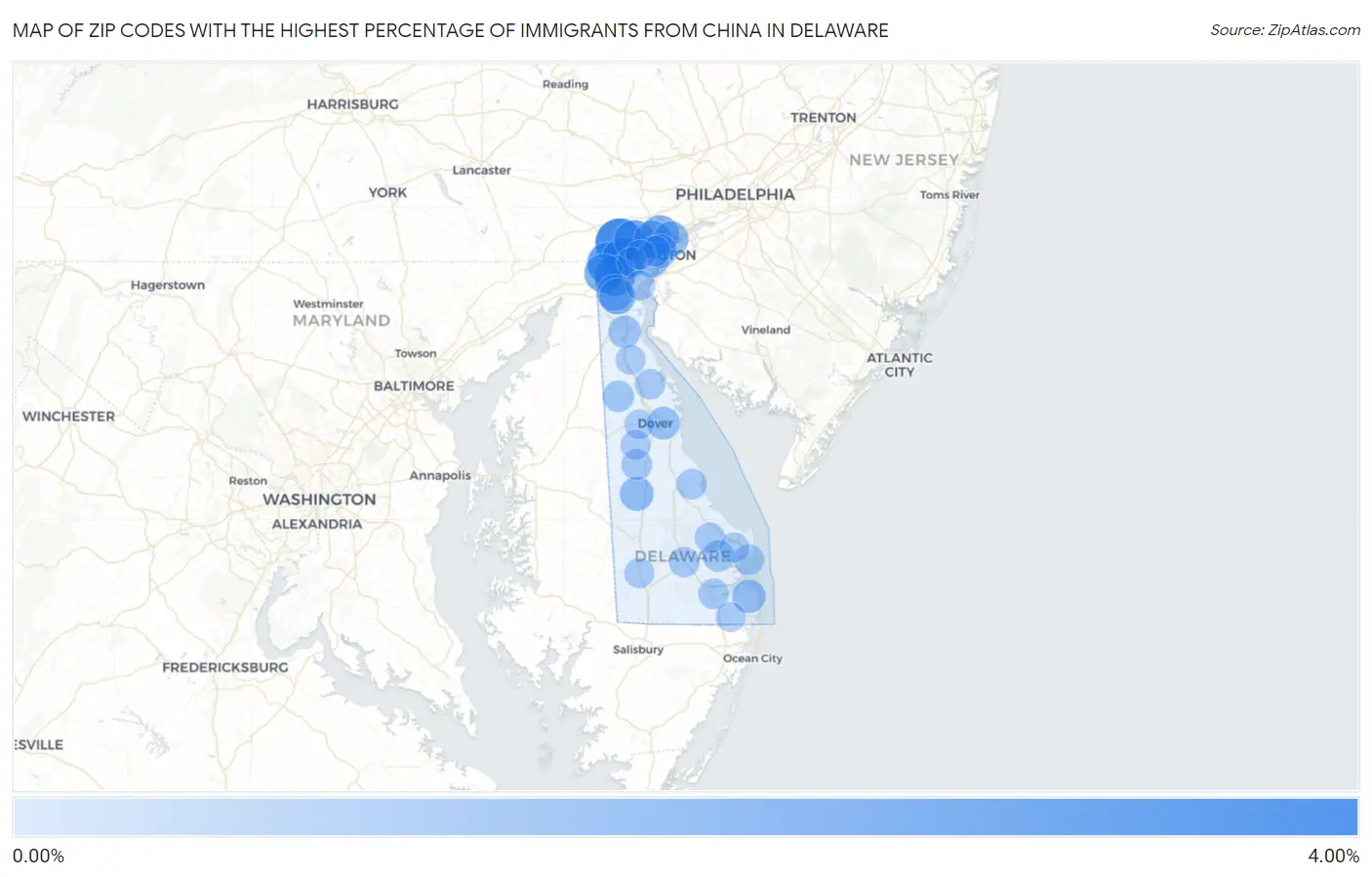 Zip Codes with the Highest Percentage of Immigrants from China in Delaware Map