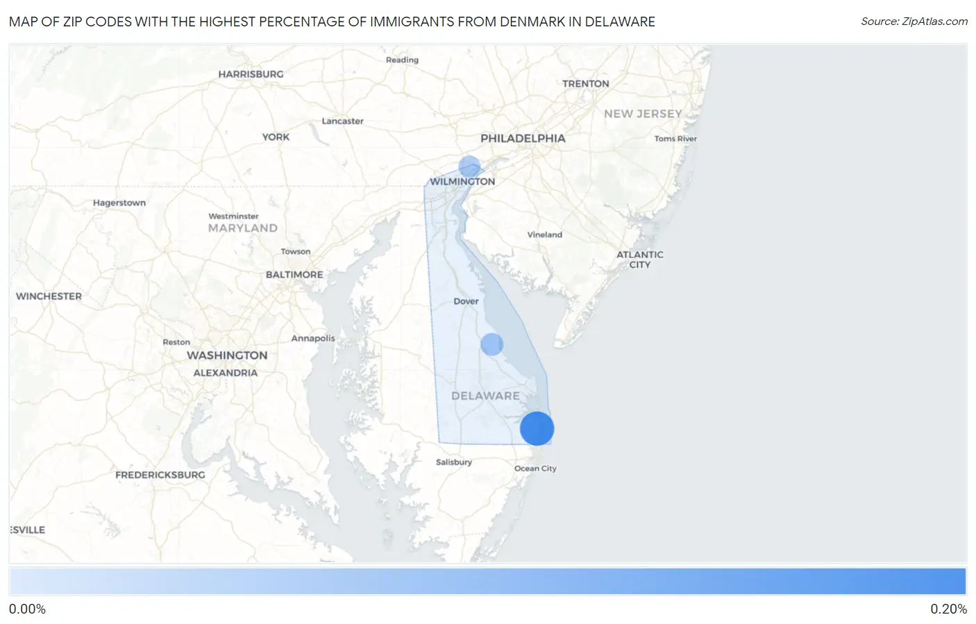 Zip Codes with the Highest Percentage of Immigrants from Denmark in Delaware Map