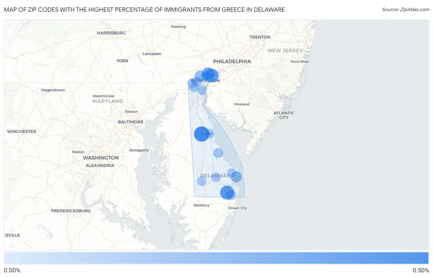 Zip Codes with the Highest Percentage of Immigrants from Greece in Delaware Map