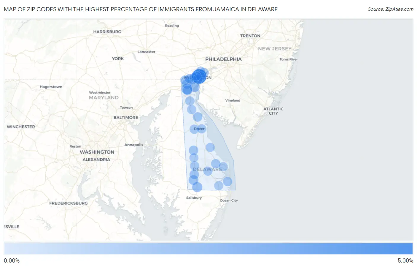 Zip Codes with the Highest Percentage of Immigrants from Jamaica in Delaware Map
