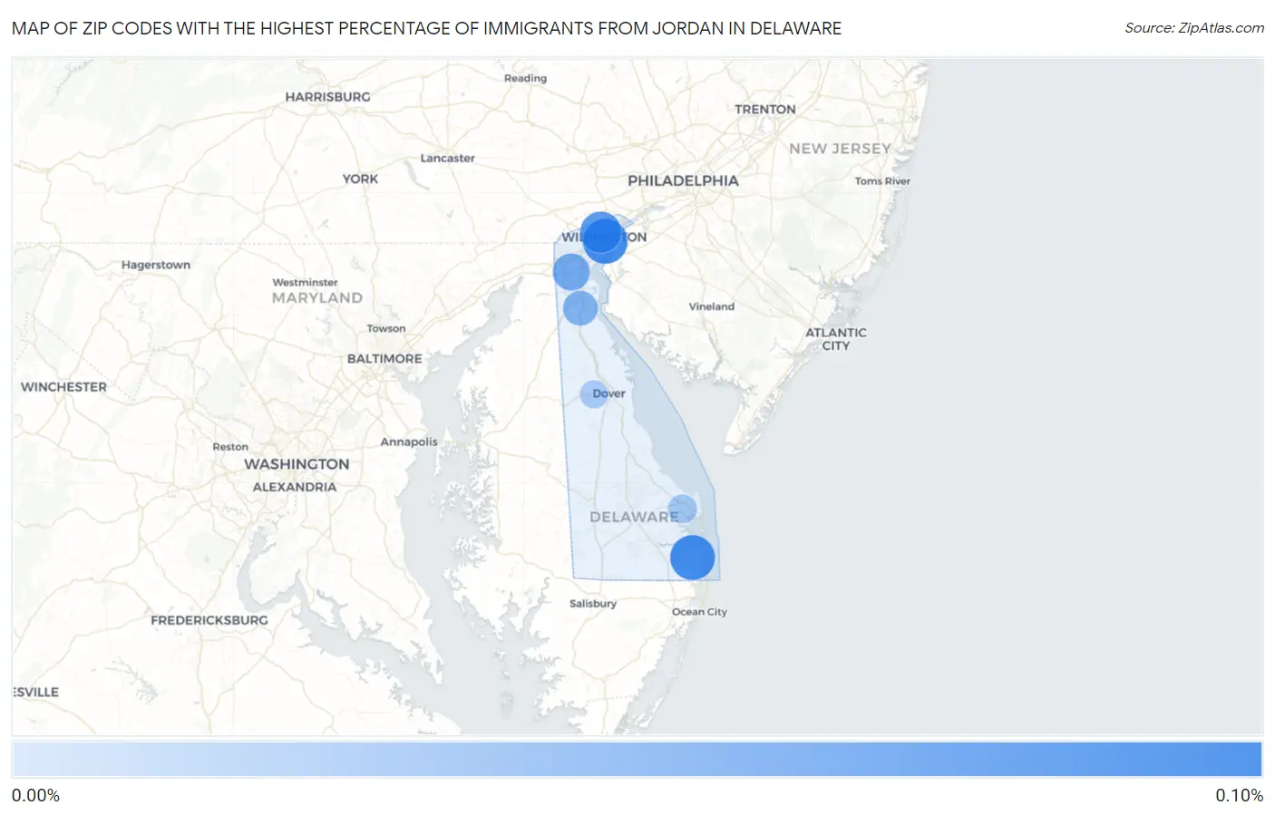 Zip Codes with the Highest Percentage of Immigrants from Jordan in Delaware Map