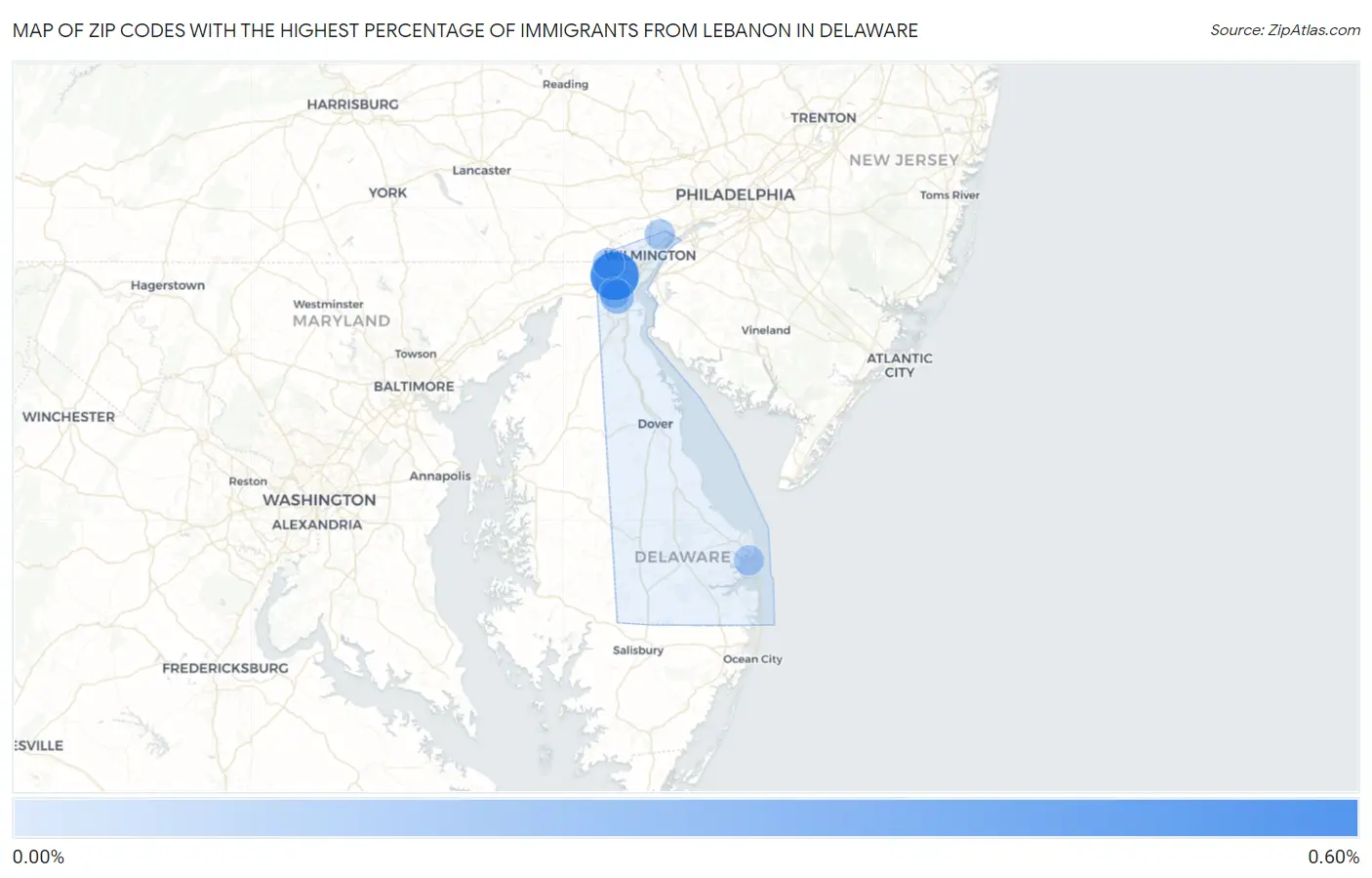 Zip Codes with the Highest Percentage of Immigrants from Lebanon in Delaware Map